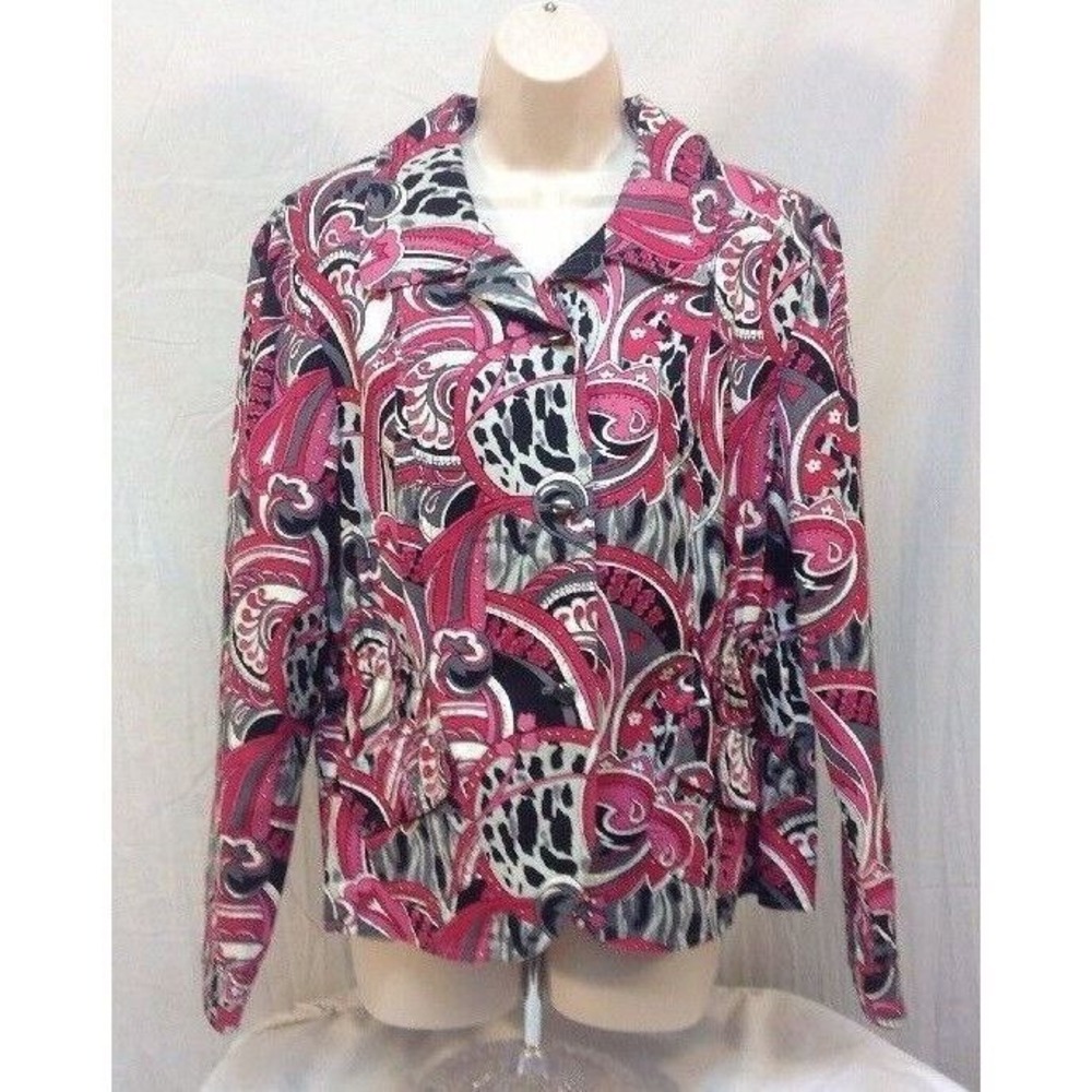 La Vita Paisley Print Jacket Button Down Pink Gray Black Career Casual Size XL